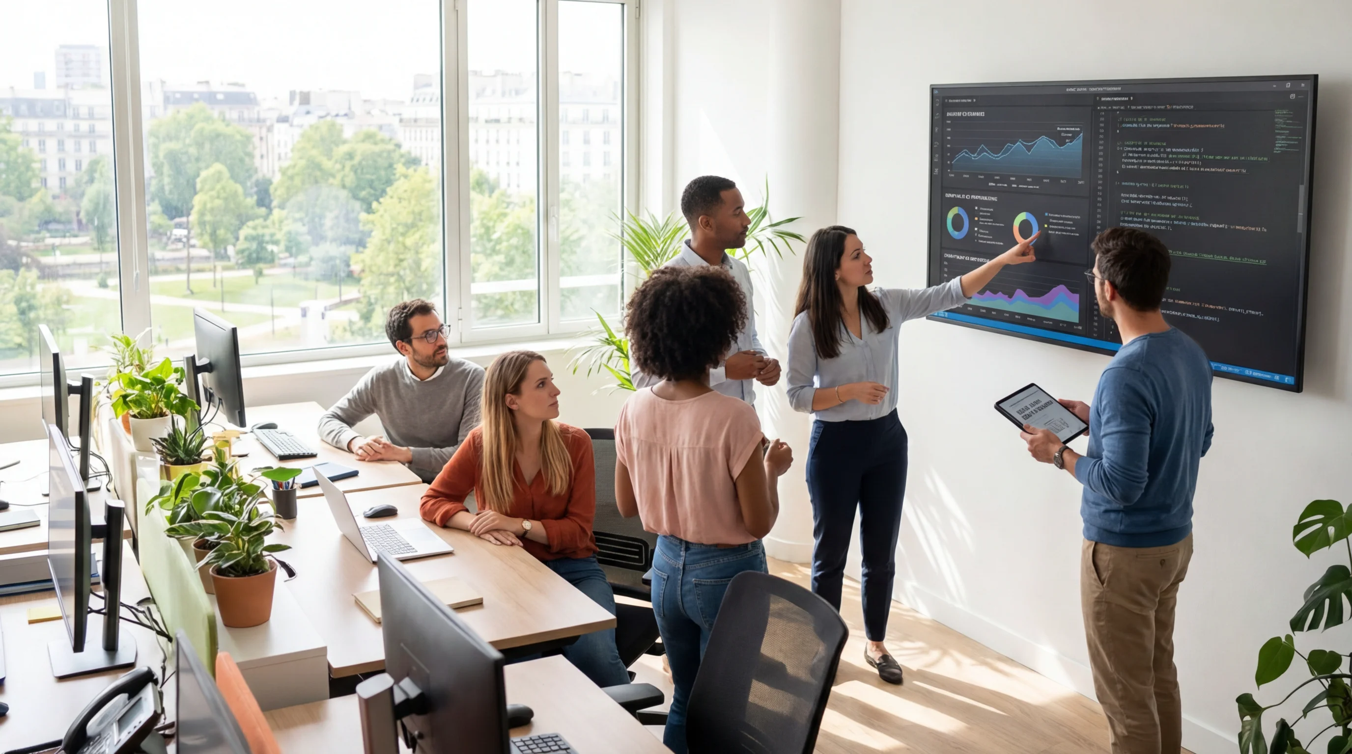 Équipe tech collaborant dans un bureau moderne